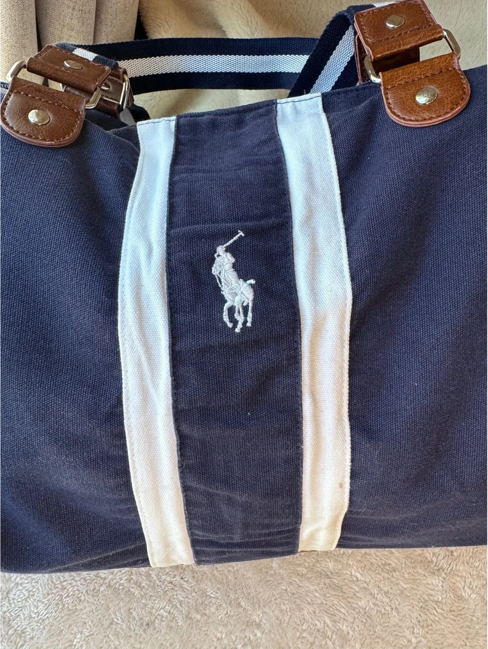 Vintage Polo Ralph Lauren Navy Blue Canvas Duffel / Weekender Bag